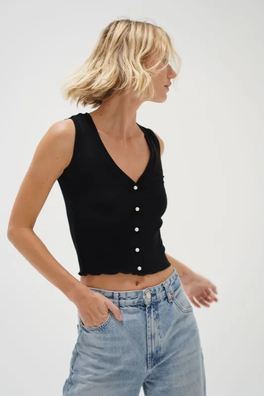 Helena Button Up Ribbed Tank - Black sold by LNA