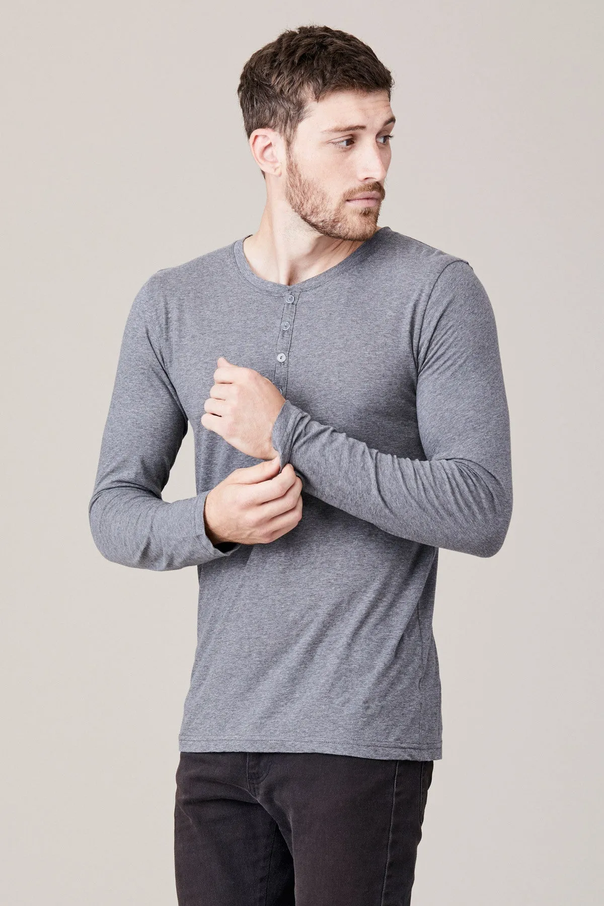 Men's Long Sleeve Button Henley - Heather Grey sold by LNA