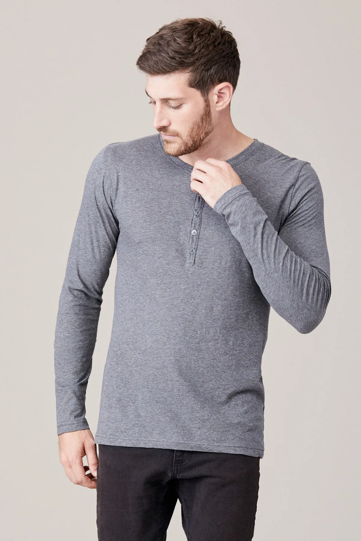 Men's Long Sleeve Button Henley - Heather Grey sold by LNA product image thumbnail 2