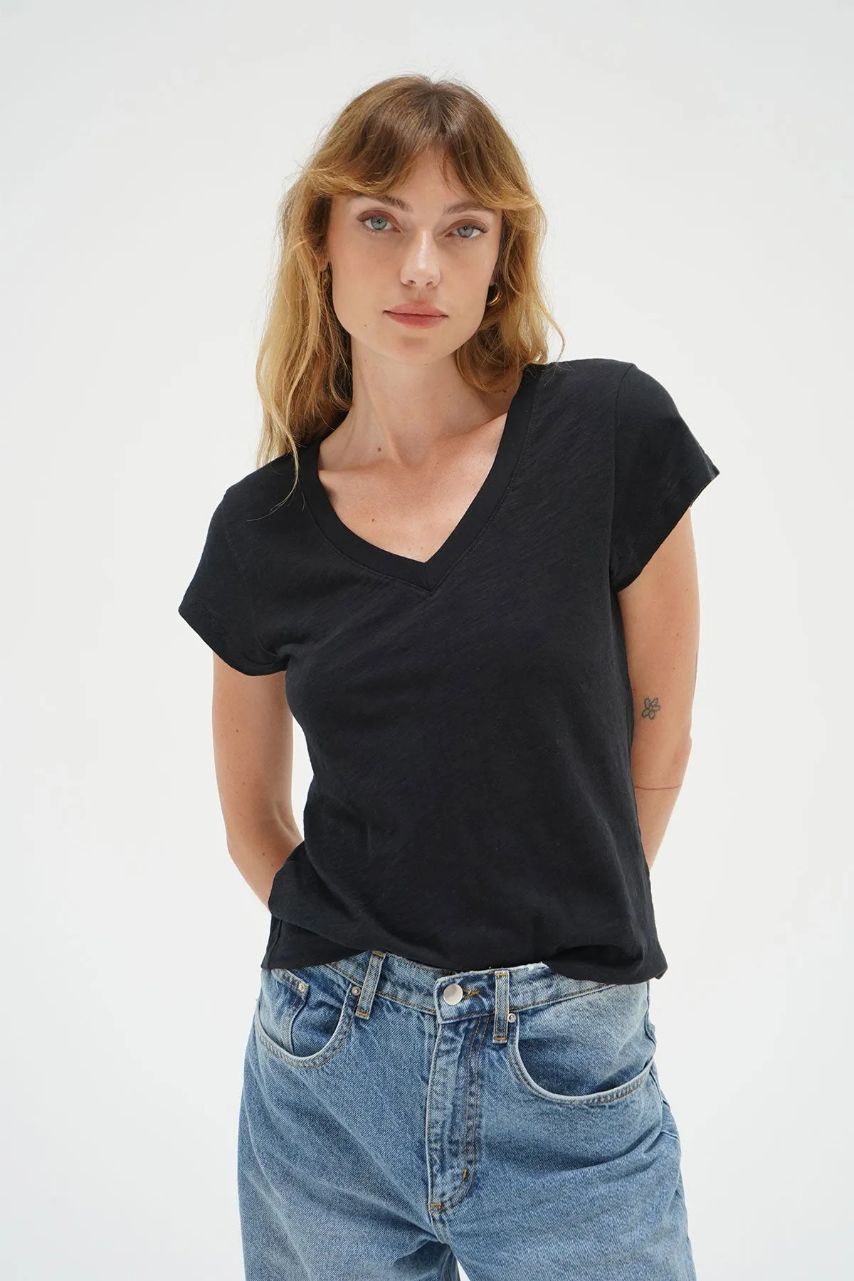 Fitted Deep V Cotton Tee - Black sold by LNA product image thumbnail 3