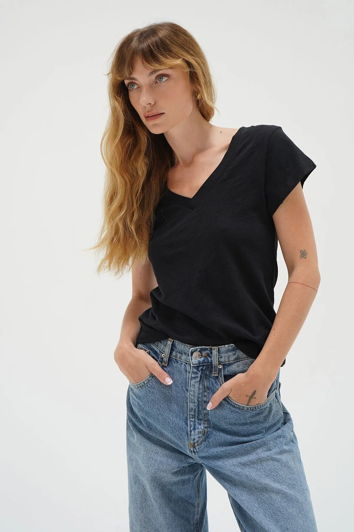 Fitted Deep V Cotton Tee - Black sold by LNA product image thumbnail 4