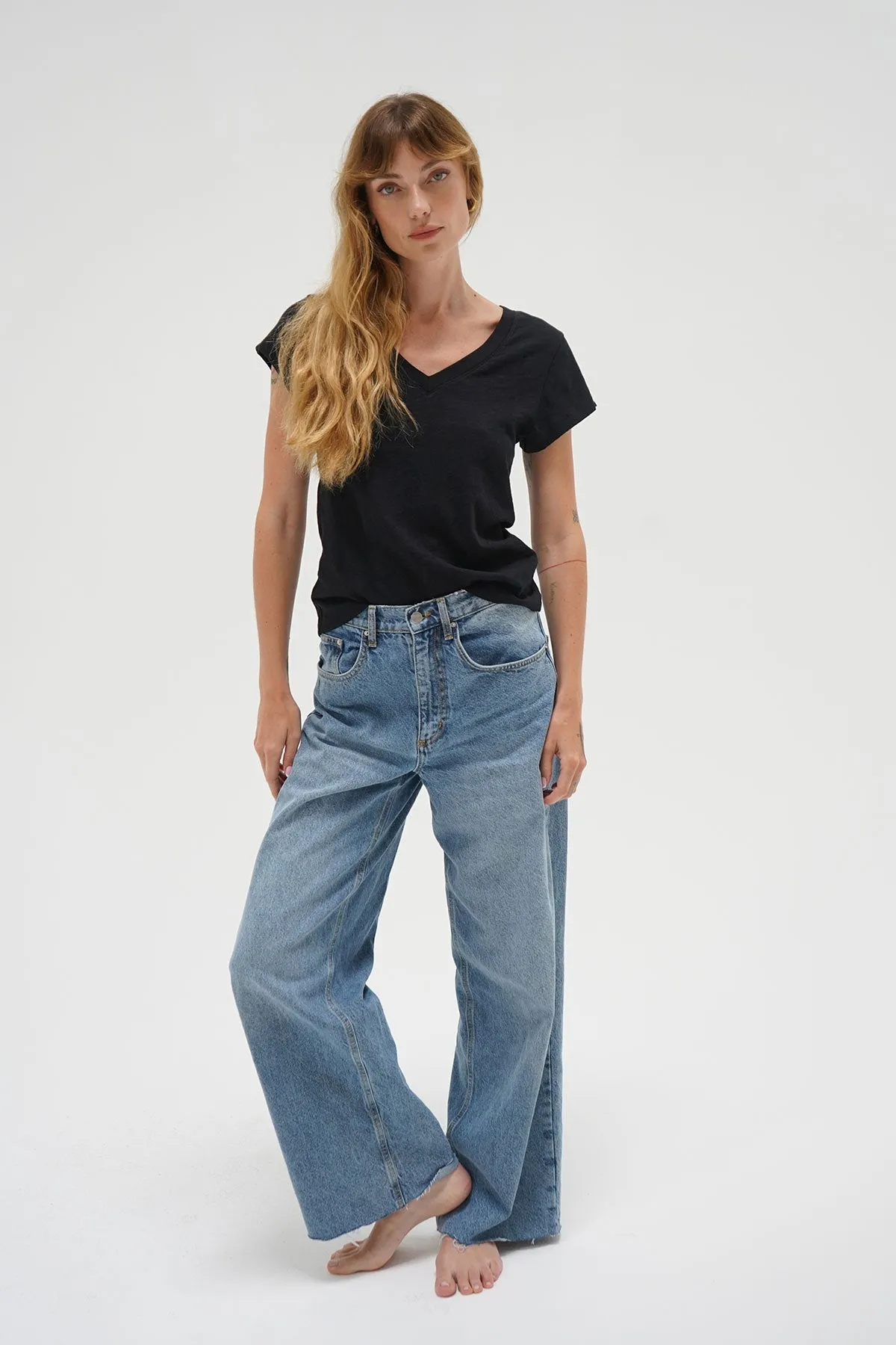 Fitted Deep V Cotton Tee - Black sold by LNA