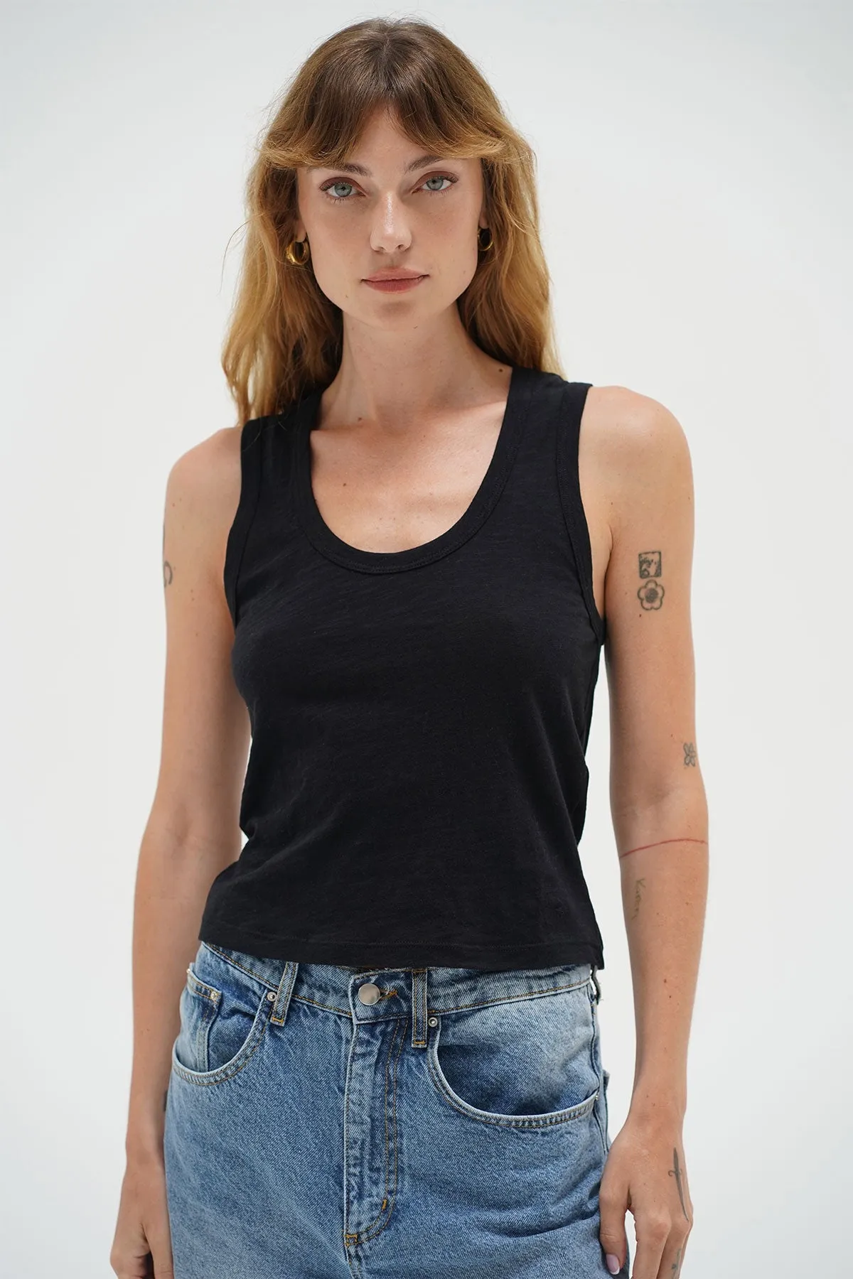 Deep U Cotton Tank - Black sold by LNA