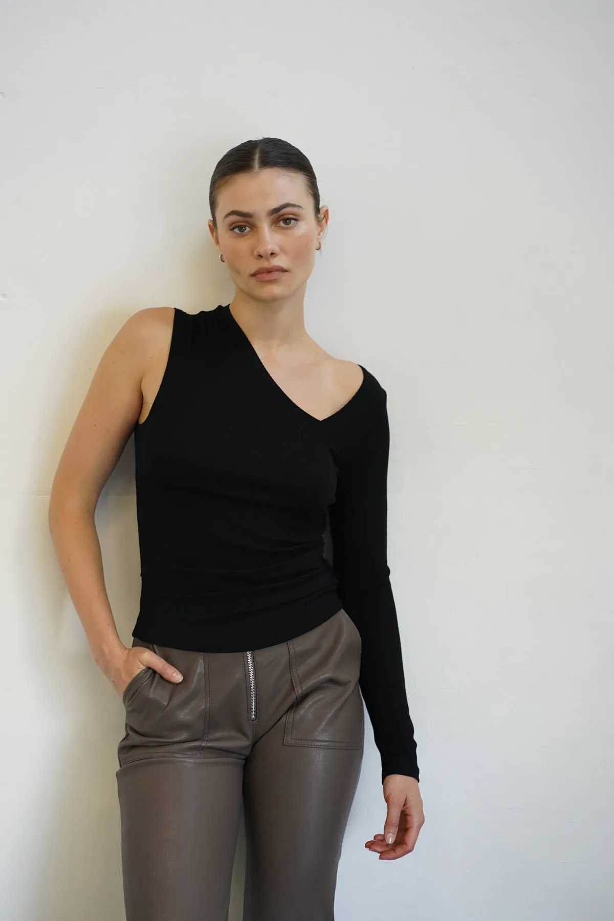 Sia Ruched One Shoulder Rib Top - Black sold by LNA