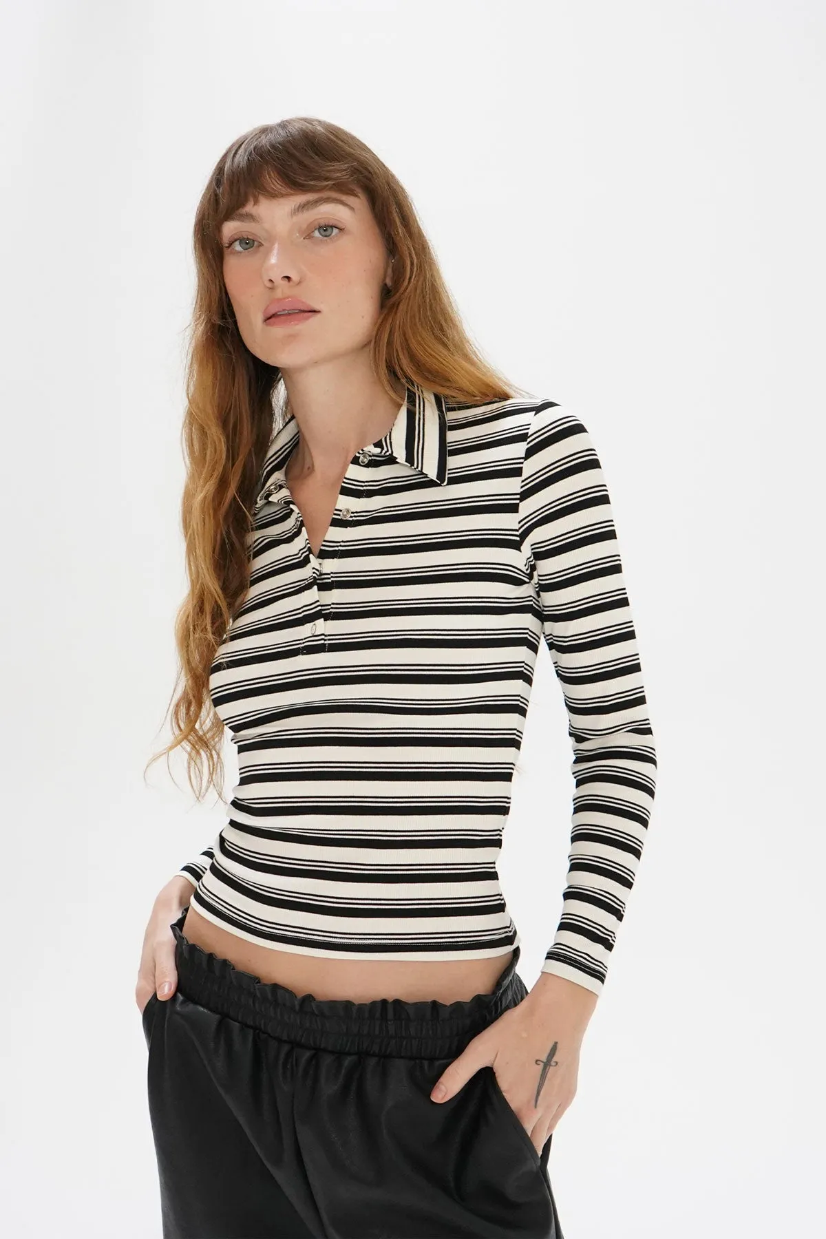 Sylvie Collared Ribbed Long sleeve - Black Multi Stripe sold by LNA