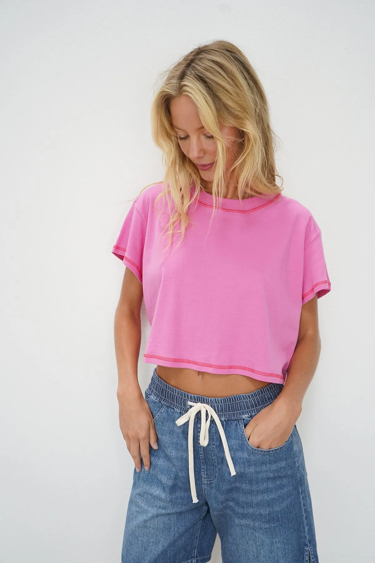 Leni Cropped Tee - Bright Pink sold by LNA product image thumbnail 4