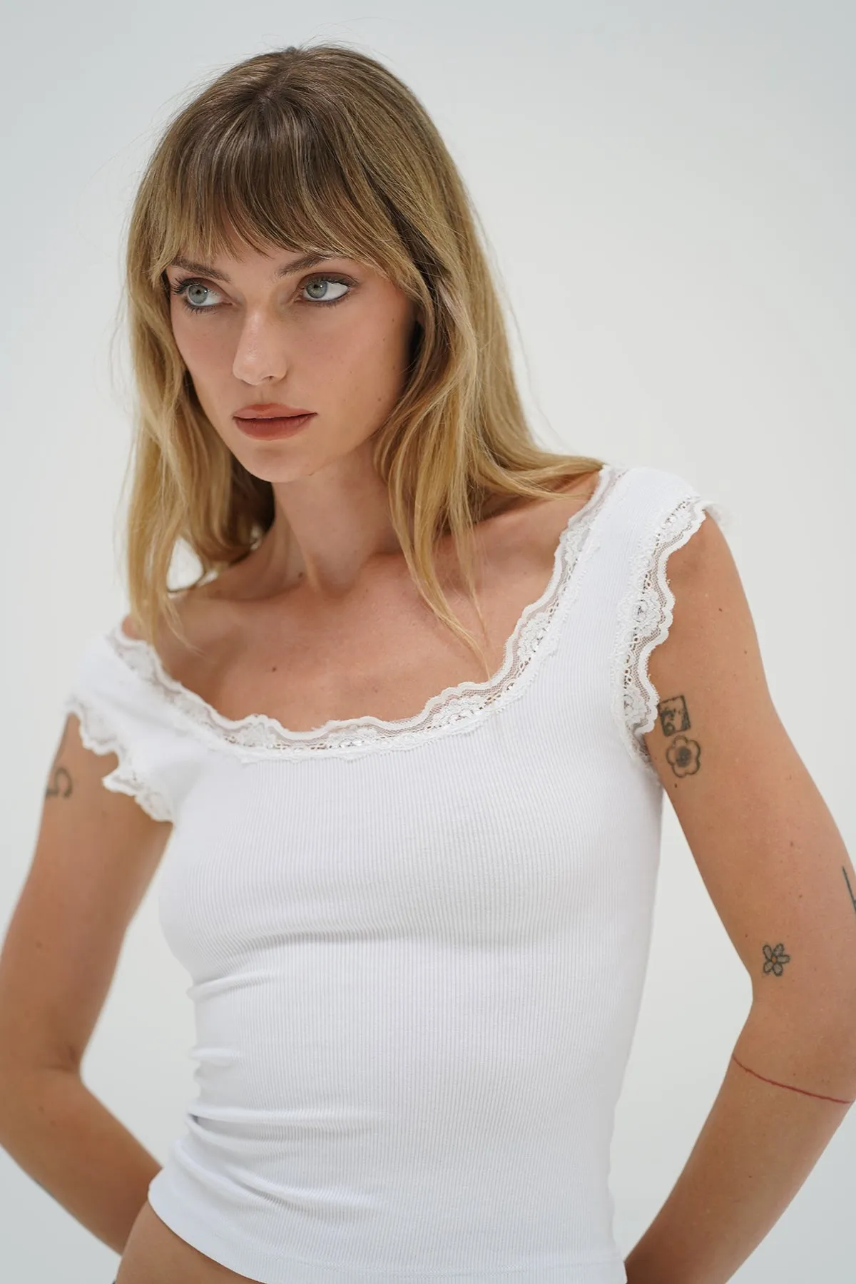 Cassidy Lace Ribbed Tank - White sold by LNA