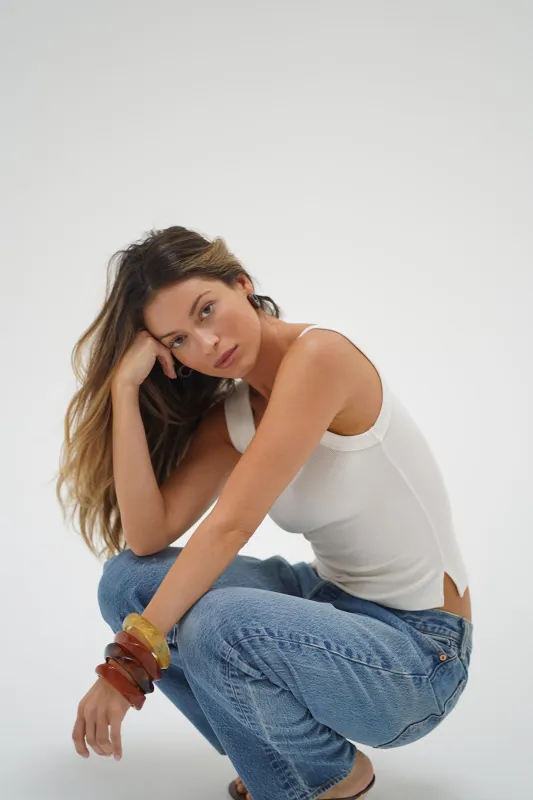 Banded Ribbed Scoop Tank - Ivory sold by LNA