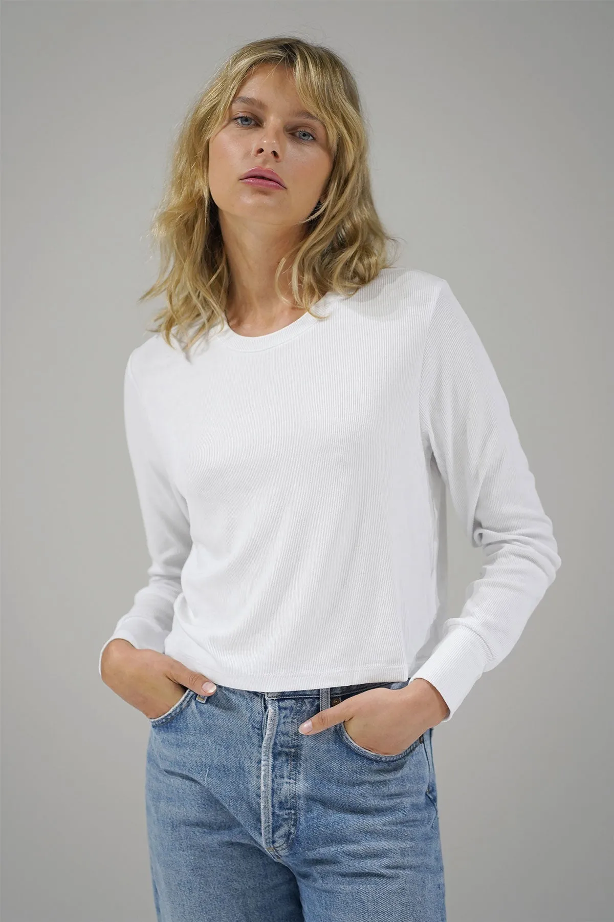 Long Sleeve Ribbed Crew - White sold by LNA