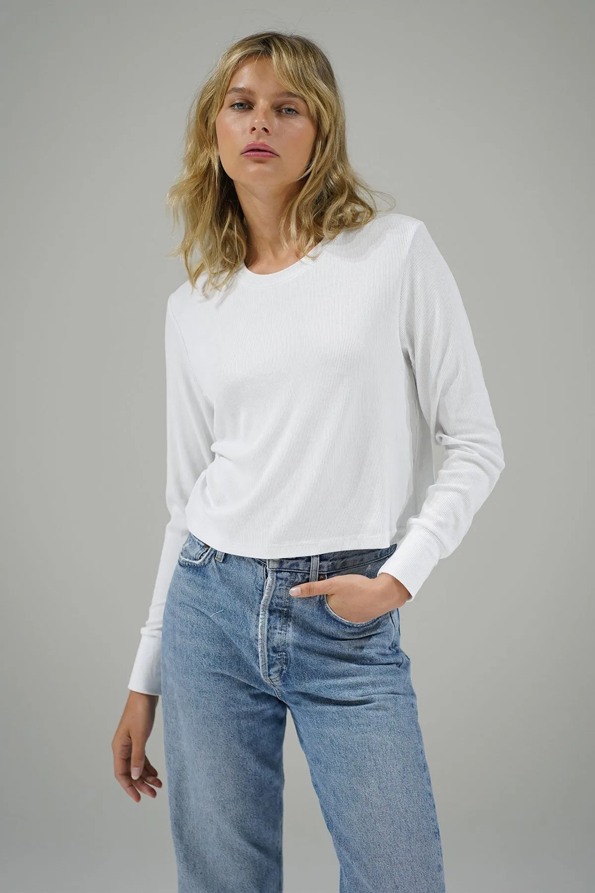 Long Sleeve Ribbed Crew - White sold by LNA product image thumbnail 3