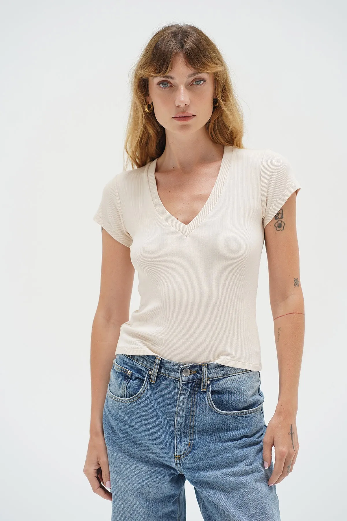 Fitted Ribbed V Neck - Bone sold by LNA product image thumbnail 2
