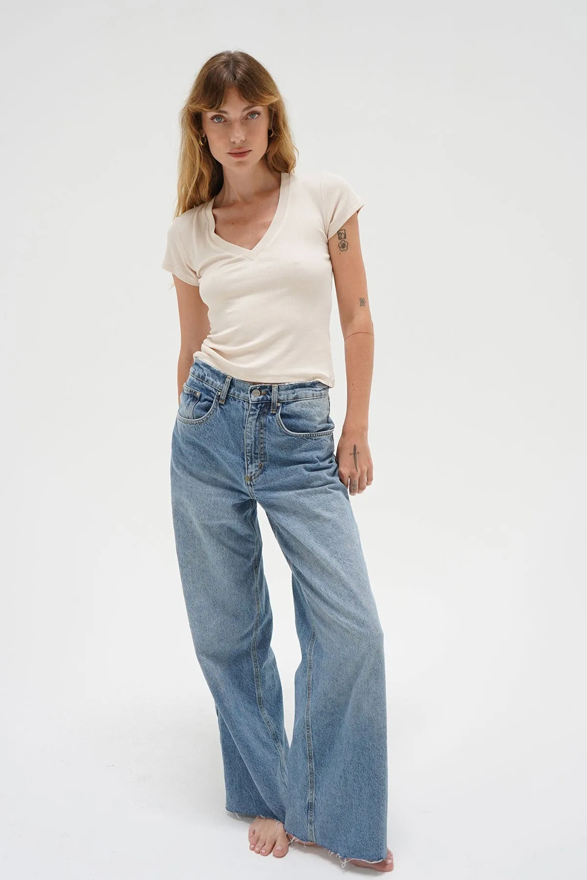 Fitted Ribbed V Neck - Bone sold by LNA