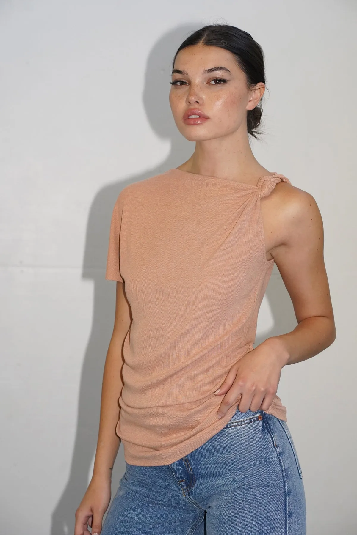 Sarai Twist Shoulder Rib Top - Heather Blush sold by LNA
