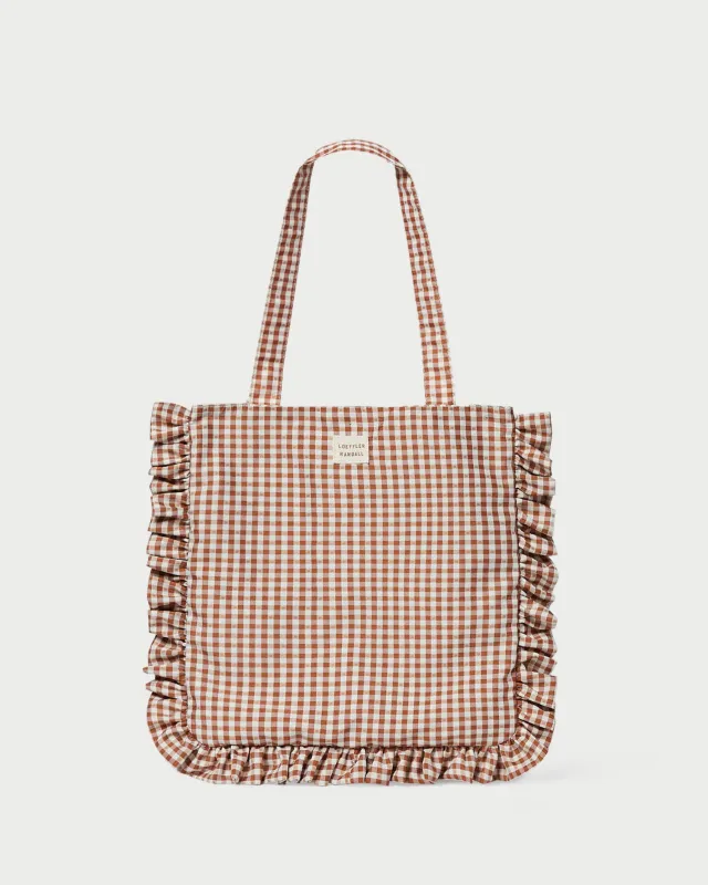 Justine Brown/Cream Gingham Ruffle Tote sold by Loeffler Randall