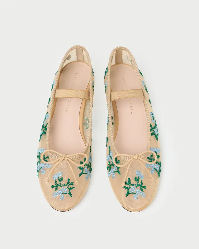 Leonie Caramel/Blue Embroidered Ballet Flat made by Loeffler Randall