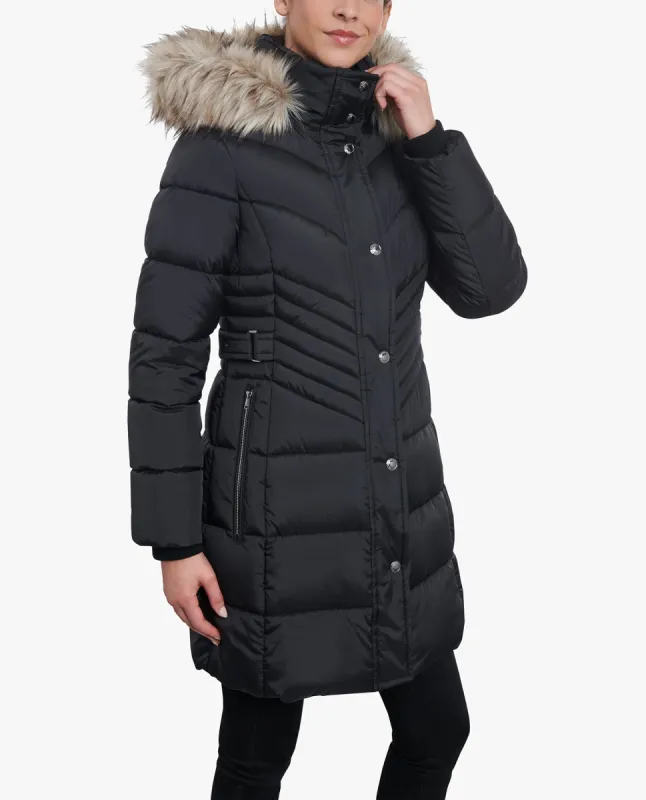 ZIP-FRONT LONG LENGTH PUFFER JACKET WITH ZIP-OFF FUR TRIM HOOD sold by London Fog