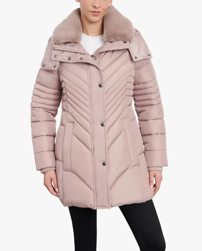 ZIP-FRONT HOODED PUFFER JACKET WITH BUTTON-OFF FUR COLLAR sold by London Fog