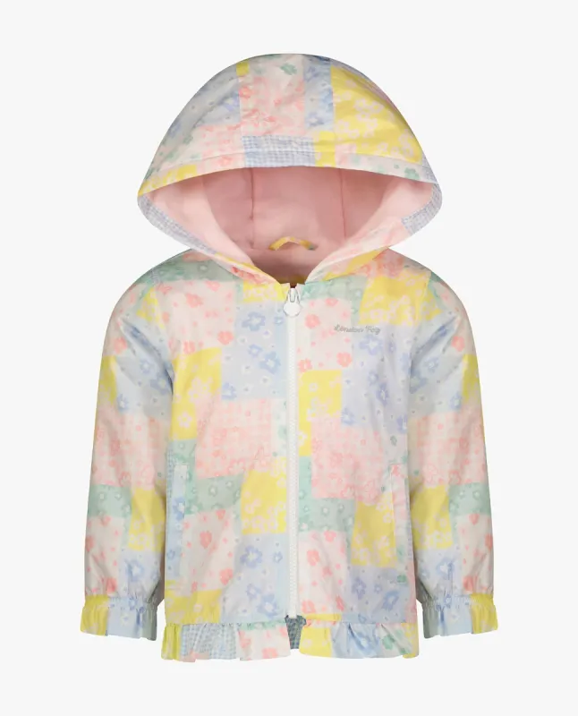 GIRLS PRINTED ZIP FRONT HOODED RUFFLE RAINCOAT sold by London Fog
