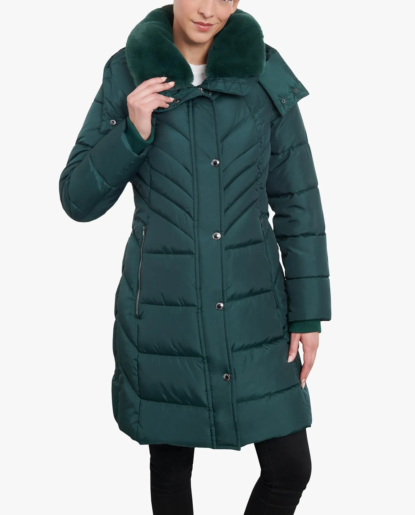 ZIP-FRONT HOODED HEAVY WEIGHT PUFFER JACKET WITH BUTTON-OFF FUR COLLAR sold by London Fog
