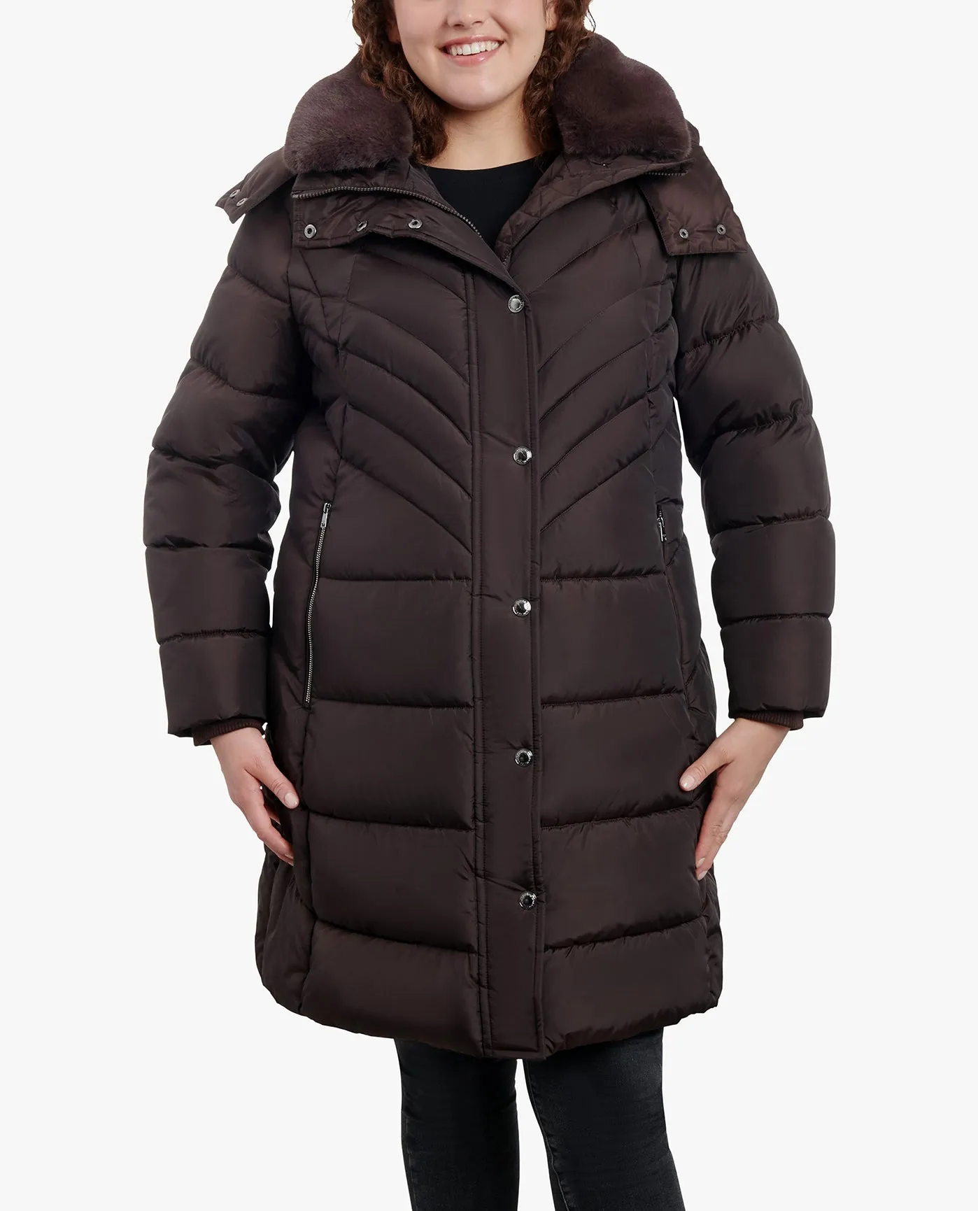 PLUS SIZE ZIP-FRONT HOODED HEAVY WEIGHT PUFFER JACKET WITH BUTTON-OFF FUR COLLAR sold by London Fog