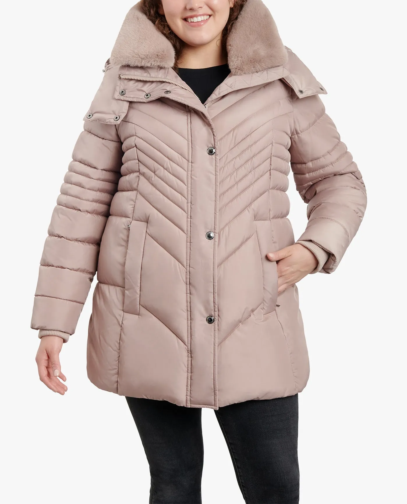 PLUS SIZE ZIP-FRONT HOODED PUFFER JACKET WITH BUTTON-OFF FUR COLLAR sold by London Fog product image thumbnail 3