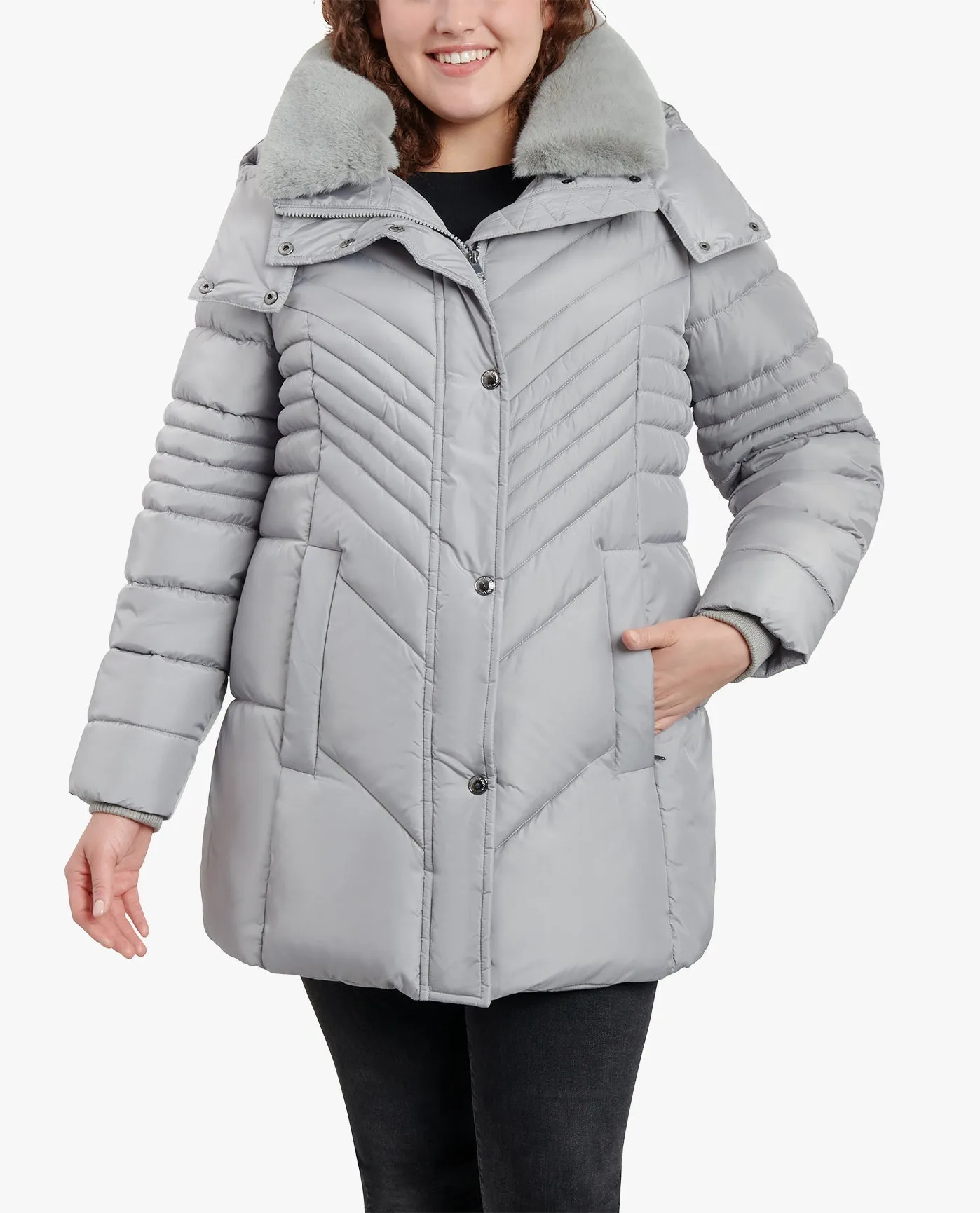 PLUS SIZE ZIP-FRONT HOODED PUFFER JACKET WITH BUTTON-OFF FUR COLLAR sold by London Fog
