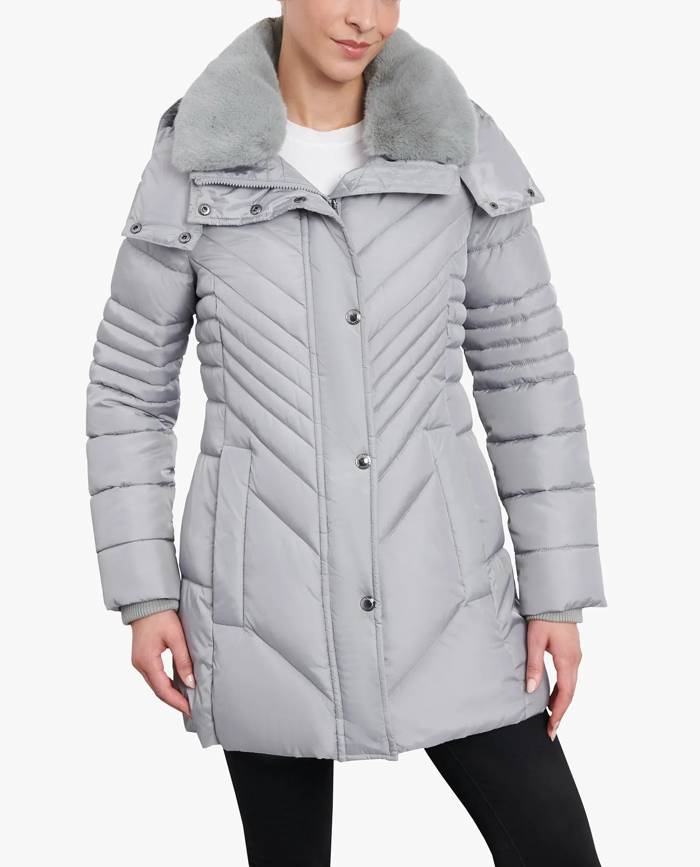 PETITE ZIP-FRONT HOODED PUFFER JACKET WITH BUTTON-OFF FUR COLLAR sold by London Fog