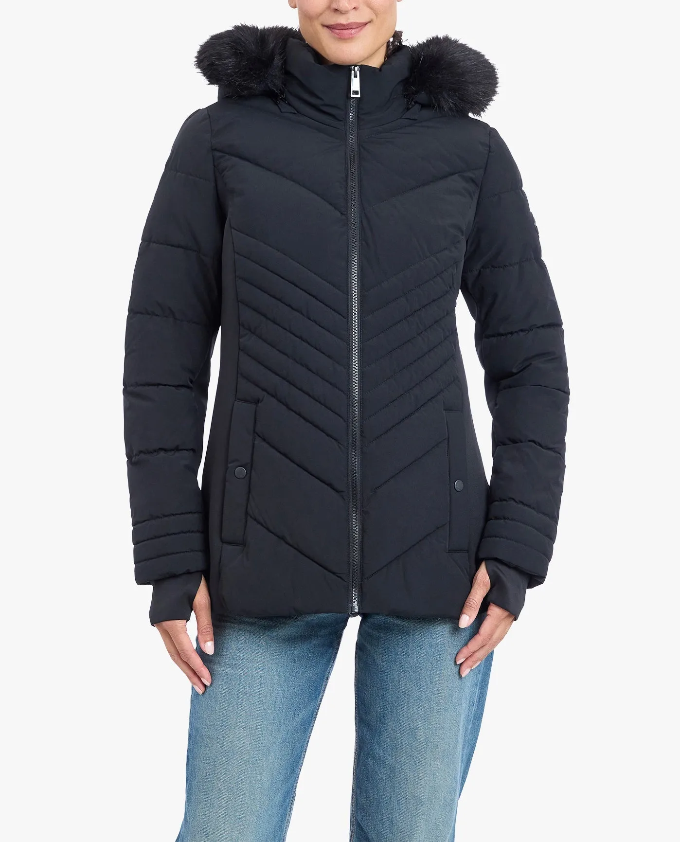 ZIP-FRONT PUFFER JACKET WITH REMOVABLE FAUX FUR TRIMMED HOOD sold by London Fog
