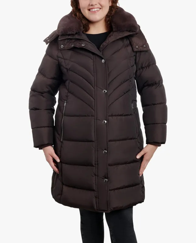 PLUS SIZE ZIP-FRONT HOODED HEAVY WEIGHT PUFFER JACKET WITH BUTTON-OFF FUR COLLAR sold by London Fog