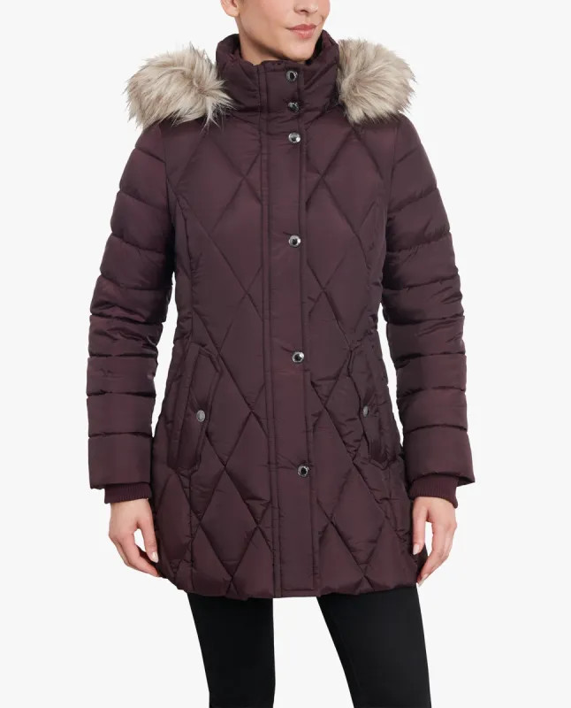 ZIP-FRONT DIAMOND QUILTED JACKET WITH ZIP-OFF FUR TRIM HOOD sold by London Fog