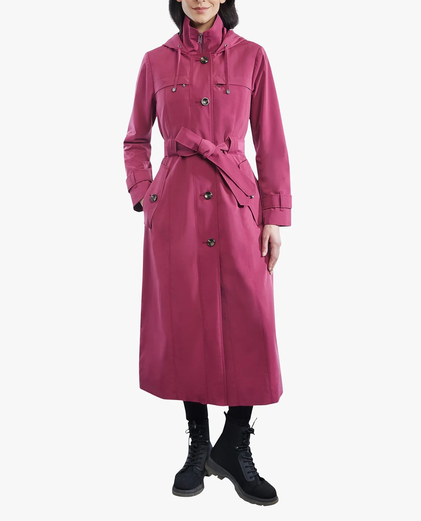 SINGLE BREASTED BUTTON FRONT HOODED MAXI TRENCH WITH BELT sold by London Fog