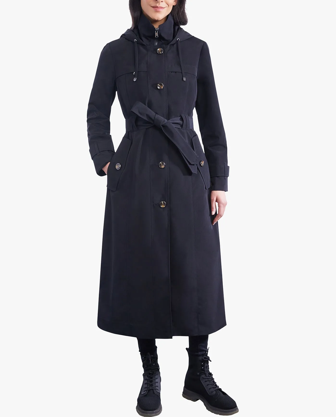 SINGLE BREASTED BUTTON FRONT HOODED MAXI TRENCH WITH BELT sold by London Fog product image thumbnail 3