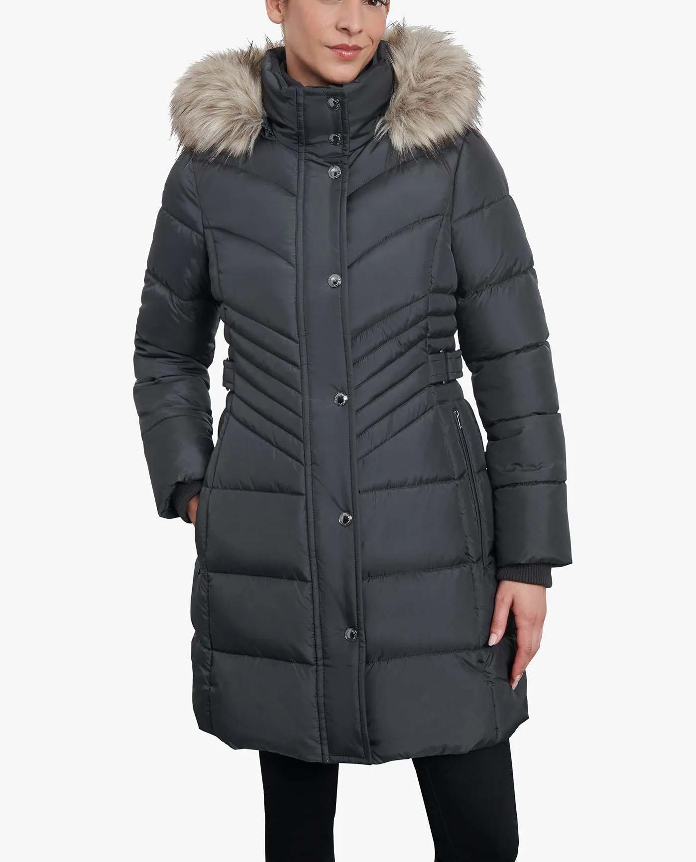 PLUS SIZE ZIP-FRONT LONG LENGTH PUFFER JACKET WITH ZIP-OFF FUR TRIM HOOD sold by London Fog