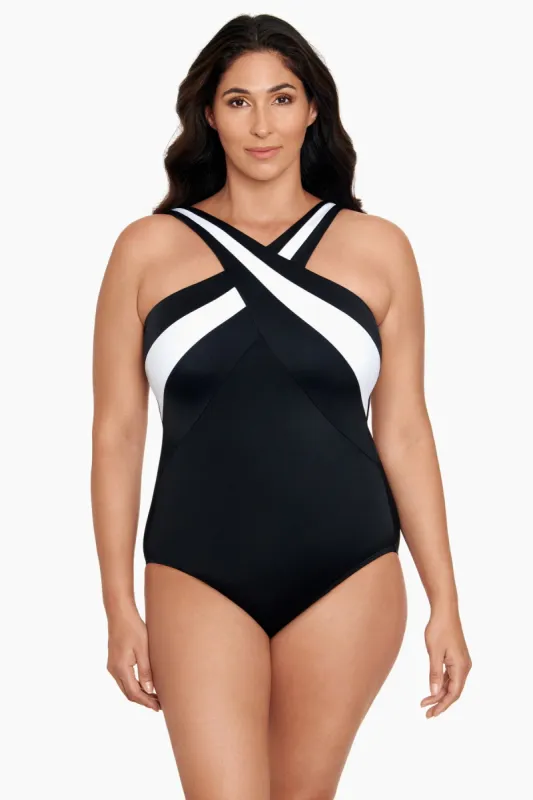 Long Torso Crossover Draped One Piece - Private Party Black/White sold by Longitude