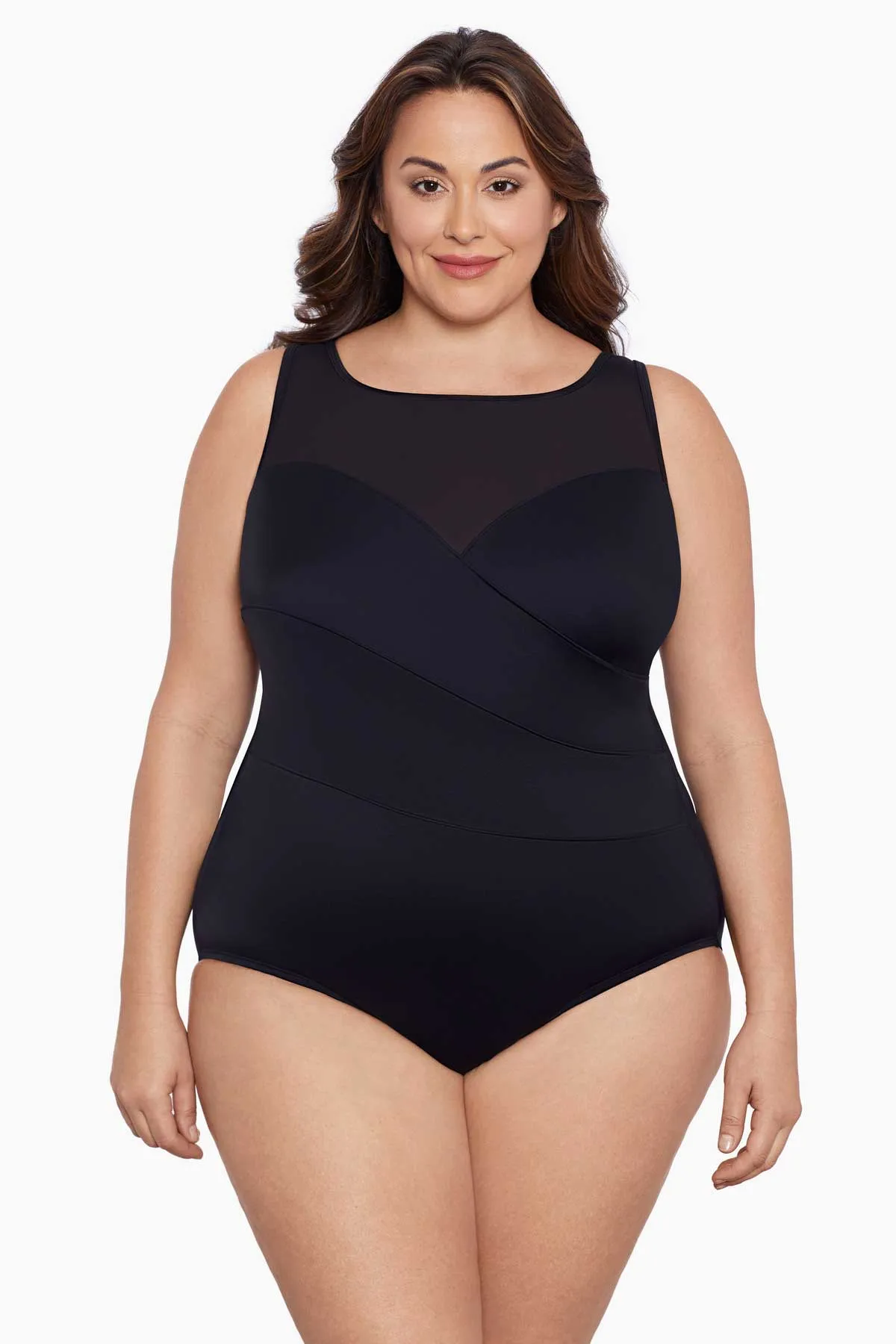 Plus Size Mesh Highneck Long Torso One Piece Swimsuit Night Gala sold by Longitude