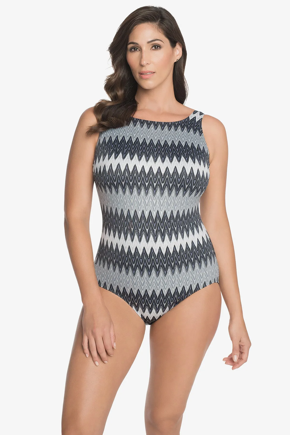 Scoopback Highneck Long Torso One Piece Swimsuit Swizzle sold by Longitude