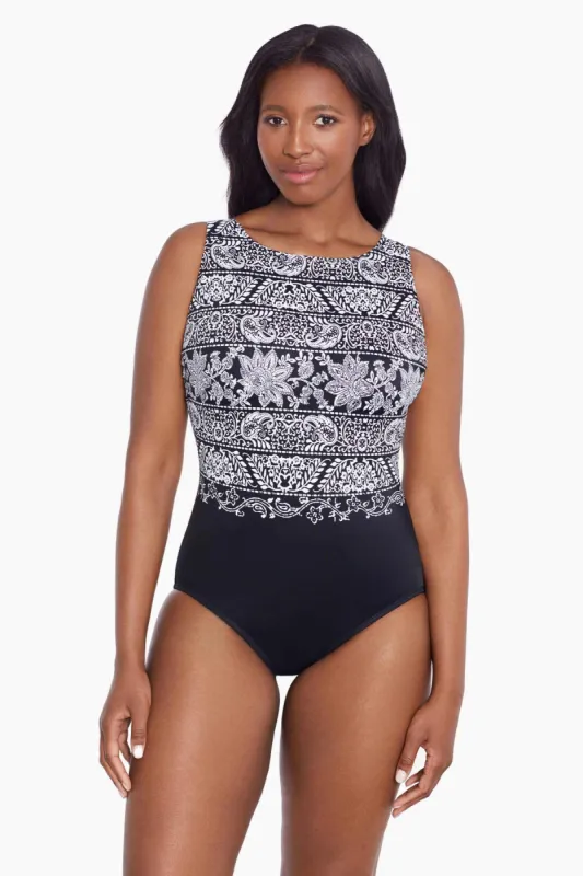 Long Torso Scoopback Highneck One Piece - Night Seas sold by Longitude