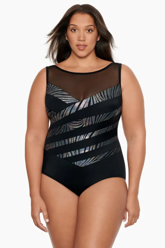 Plus Size Long Torso Mesh Highneck One Piece - Party Animal sold by Longitude