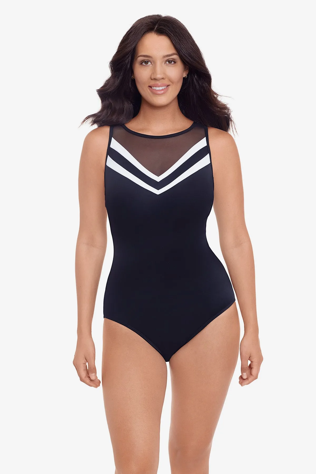 Mesh Scoopback Highneck Long Torso One Piece Swimsuit Colorblock sold by Longitude