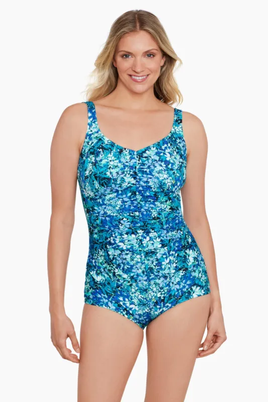 Shirred Front Girl Leg One Piece - Floral Frenzy sold by Longitude