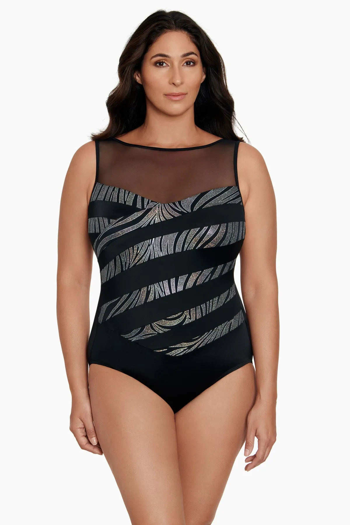 Long Torso Mesh Highneck One Piece - Party Animal sold by Longitude