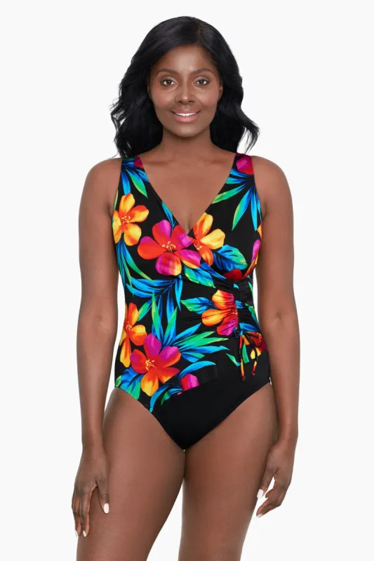 Plus Size Ruffle Surplice Long Torso One Piece Swimsuit Cayenne sold by Longitude