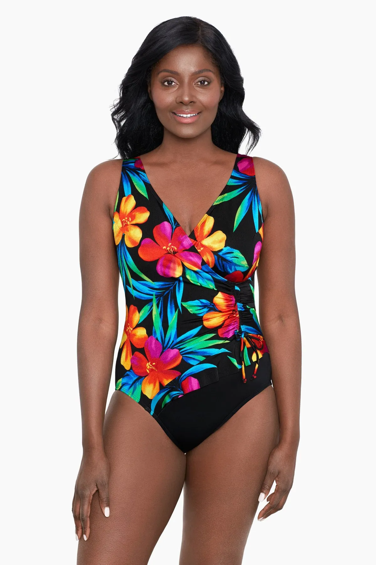 Plus Size Ruffle Surplice Long Torso One Piece Swimsuit Cayenne sold by Longitude