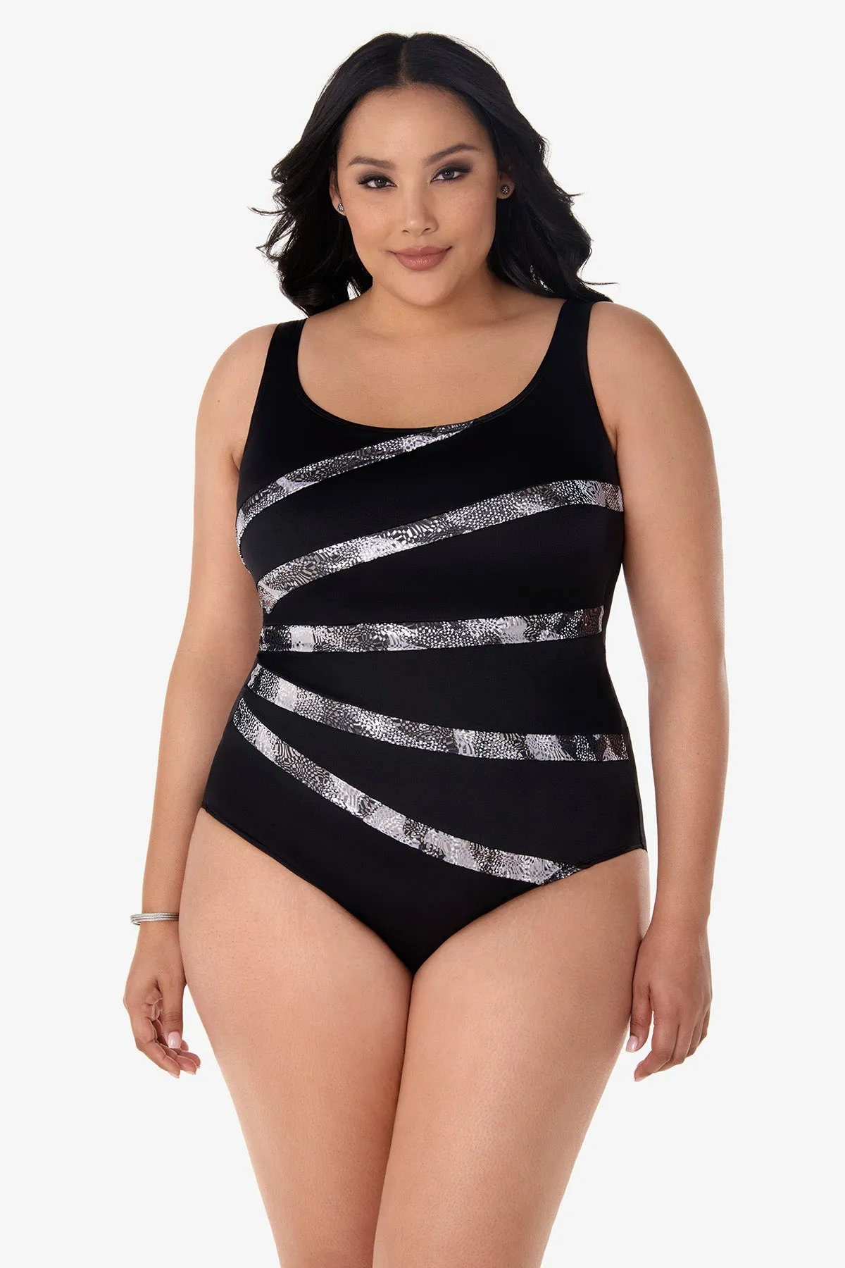 Plus Size Banded Fan Tank Long Torso One Piece Swimsuit Flashdance sold by Longitude