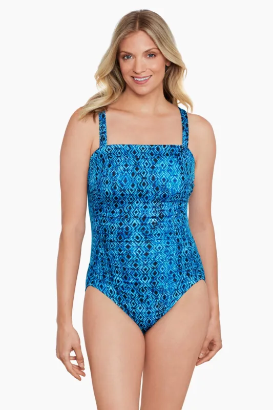 Shirred Front Panel Mio One Piece - Blue Diamonds sold by Longitude