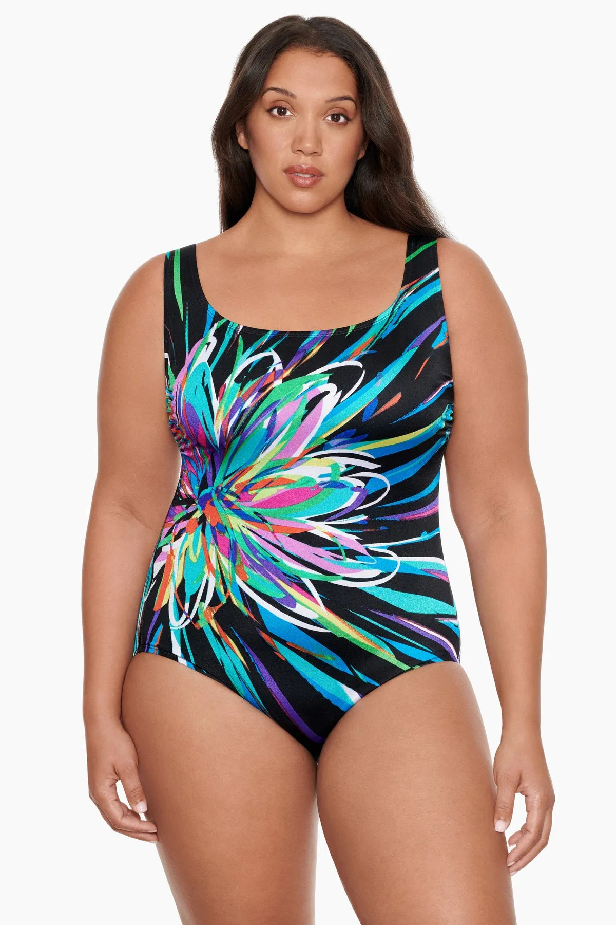 Plus Size Panel Scoopneck Tank Long Torso One Piece Swimsuit Floral Burst sold by Longitude