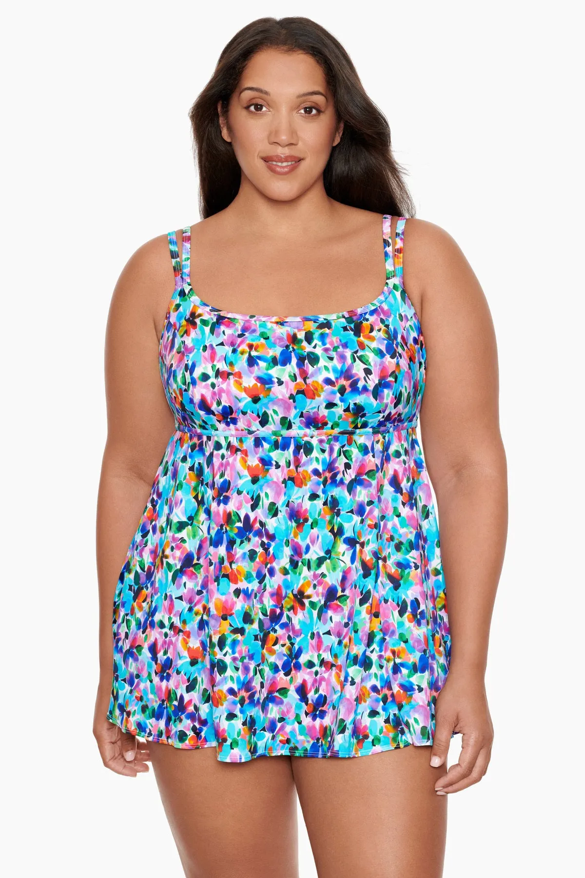 Blooming Bouquet Plus Size Long Torso Empire Princess Seam Swim Dress W/ Pockets sold by Longitude