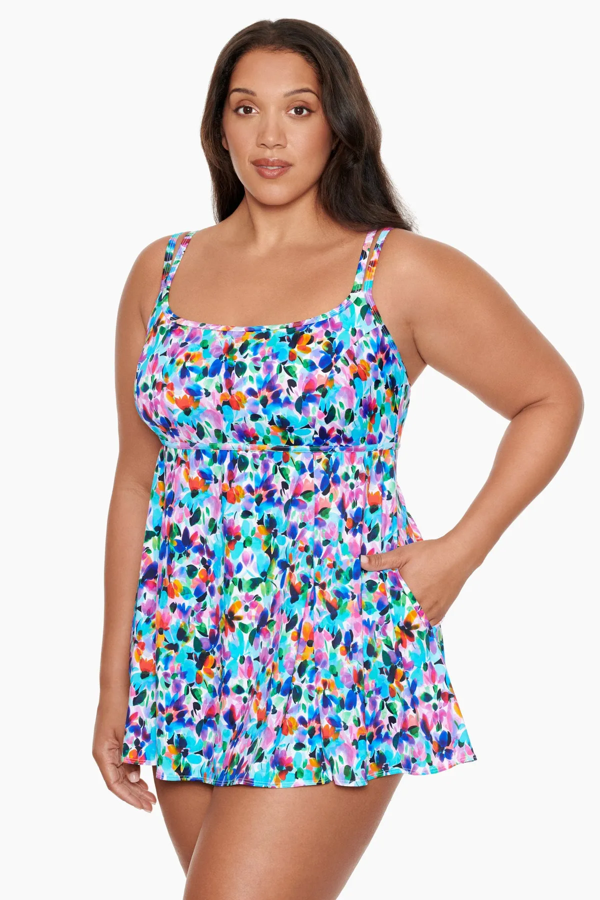 Blooming Bouquet Plus Size Long Torso Empire Princess Seam Swim Dress W/ Pockets sold by Longitude product image thumbnail 2