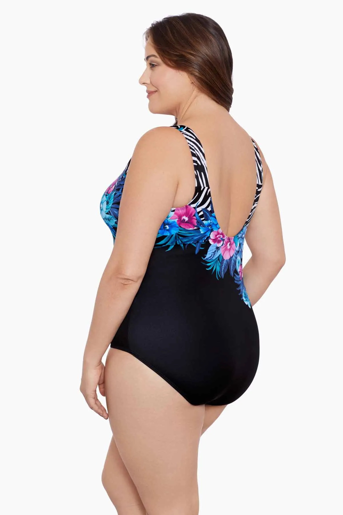 Plus Size Long Torso Panel Scoopback Highneck One Piece - Glamour Floral sold by Longitude product image thumbnail 2