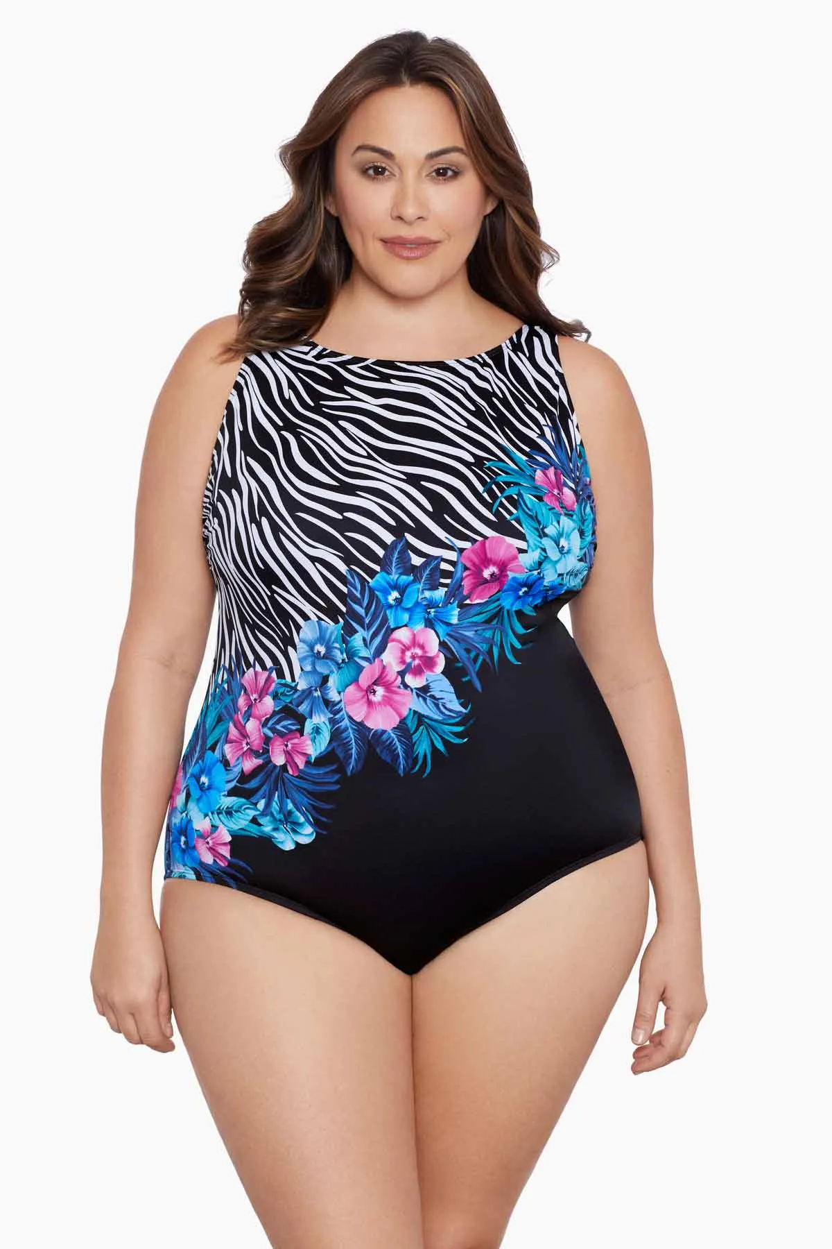 Plus Size Long Torso Panel Scoopback Highneck One Piece - Glamour Floral sold by Longitude